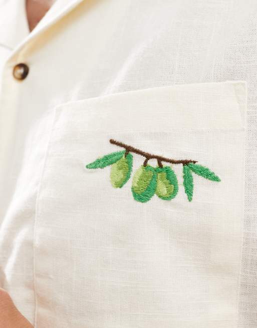 New Look - Camicia effetto lino bianco sporco con ricamo di olive e rever, 4 di 4