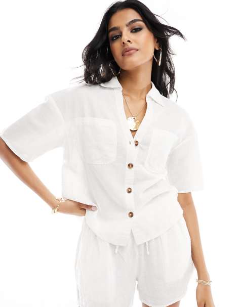New Look - Camicia effetto lino bianco sporco con tasche - view 1