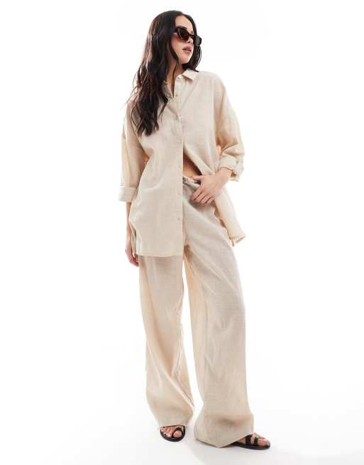 New Look - Camicia in cotone fiammato color panna in coordinato, 3 di 4
