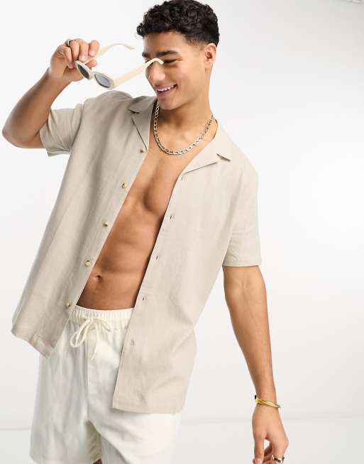 New Look - Camicia in misto lino pietra con colletto con rever
