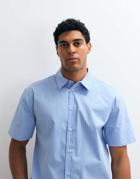 New Look camicia in popeline a righe blu a maniche corte - view 1