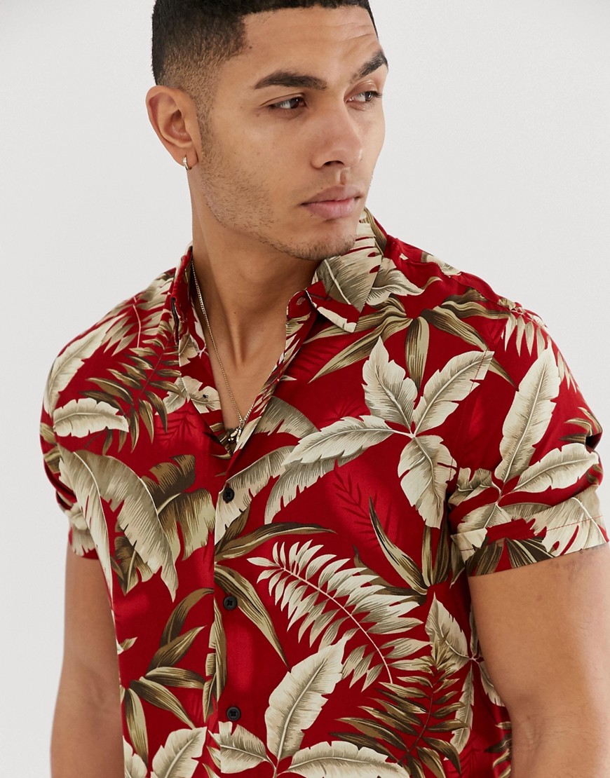 New Look - Camicia in viscosa con stampa di foglie-Rosso