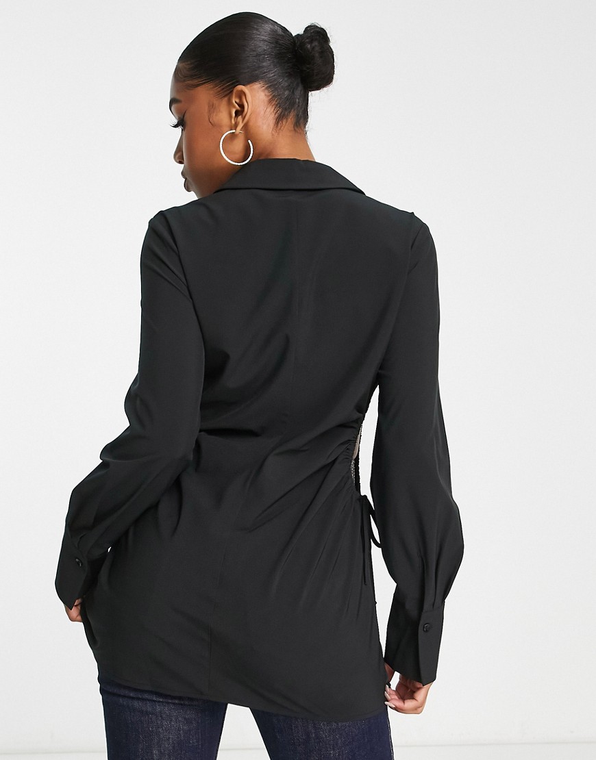 Camicia nera a maniche lunghe con cut-out e arricciatura-Nero - New Look Camicia donna  - immagine1