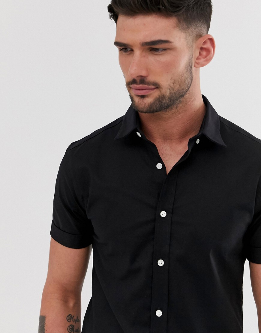 New Look - Camicia Oxford a maniche corte attillata nera-Nero