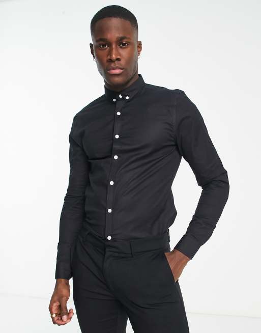 New Look - Camicia Oxford a maniche lunghe nera attillata 