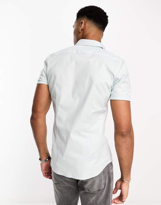 New Look - Camicia Oxford attillata a maniche corte azzurra, 4 di 4