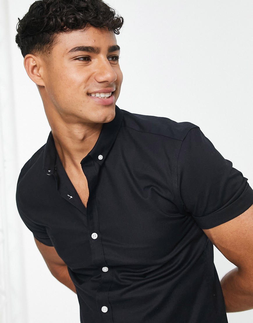 Camicia Oxford attillata elegante a maniche corte nera-Nero - New Look Camicia donna  - immagine1