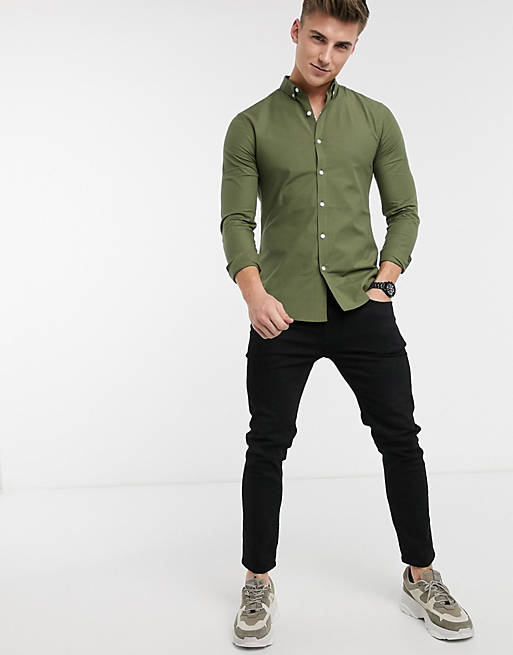 Camicia Oxford attillata elegante a maniche lunghe kaki Asos Uomo Abbigliamento Camicie Camicie eleganti 