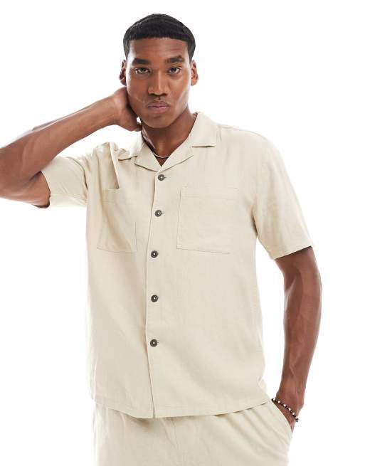 New Look - Camicia squadrata con tasche doppie color pietra in misto lino in coordinato