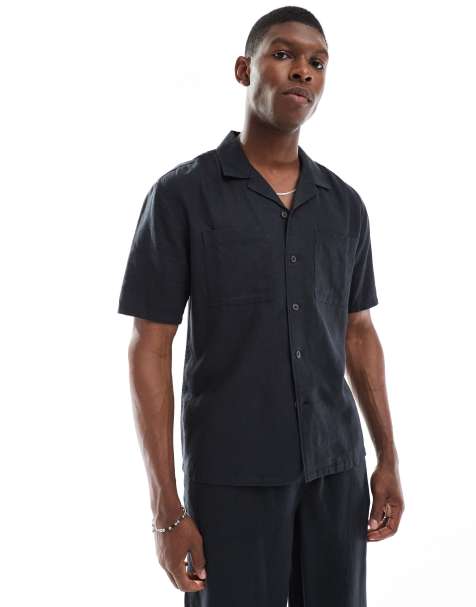 New Look - Camicia squadrata con tasche doppie nera effetto lino in coordinato - view 1