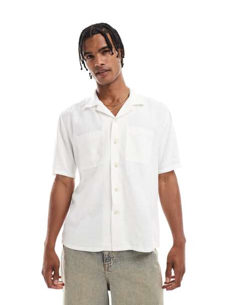 New Look - Camicia squadrata in misto lino bianco sporco con doppia tasca - view 1