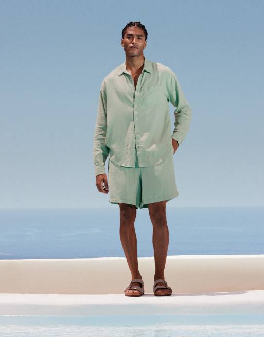 New Look - Camicia vaporosa a maniche lunghe effetto lino verde chiaro in coordinato, 3 di 4