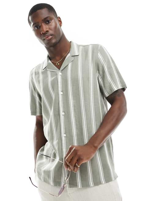 New Look - Camicia verde a righe in misto lino a maniche corte