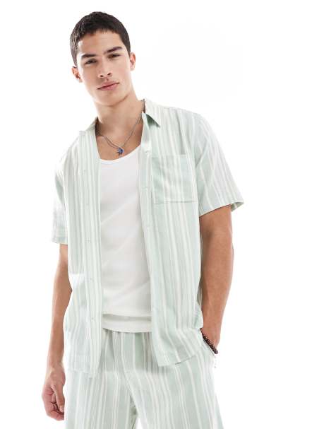 New Look - Camicia verde a righe in misto lino in coordinato - view 1