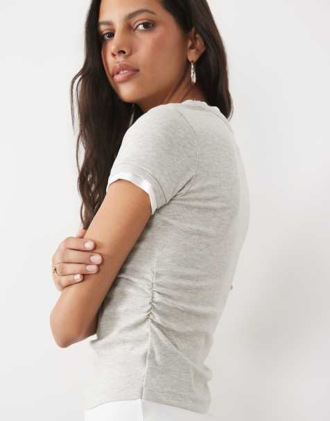 New Look - camiseta con diseño encogido 2 en 1 con fruncido lateral en gris jaspeado - view 1