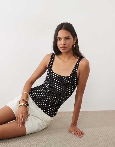 New Look - Camiseta negra sin mangas con escote cuadrado y estampado de lunares - view 1