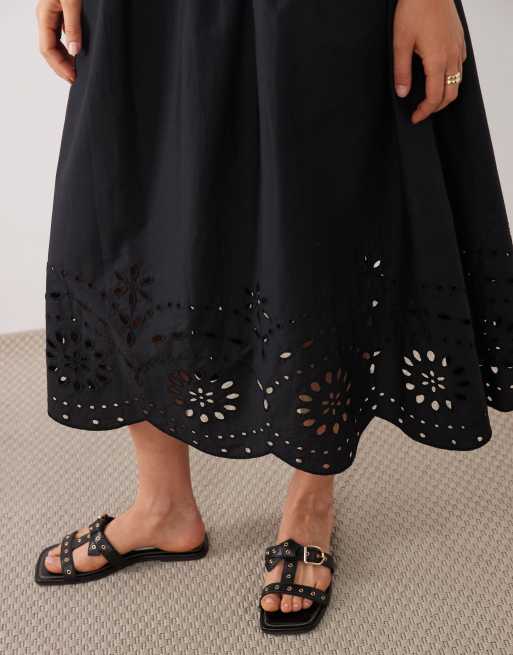 New Look – Camisole-Midikleid in Schwarz mit Lochstickereisaum, 2 von 4