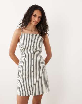 Camisole-Minikleid in Creme mit Streifen und durchgehender Knopfleiste-Weiß Weiß 36