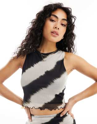 New Look - Canotta con scollo a vogatore in rete con stampa greige in coordinato
