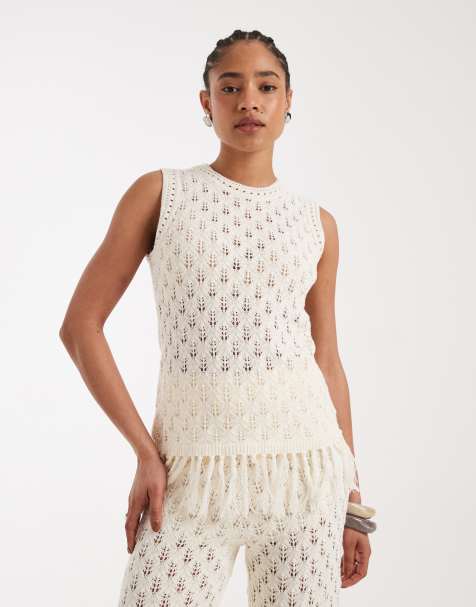 New Look - Canotta lunga in maglia color crema con fondo con nappe in coordinato - view 1