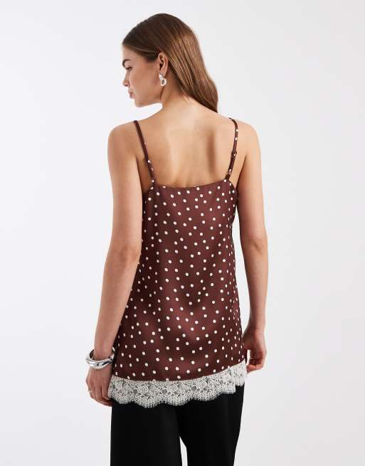 New Look - Canottiera con scollo quadrato in pizzo marrone a pois, 2 di 4