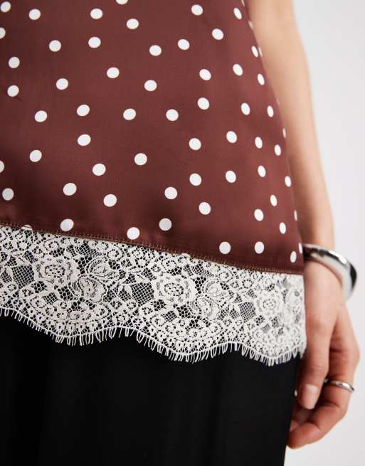 New Look - Canottiera con scollo quadrato in pizzo marrone a pois, 3 di 4