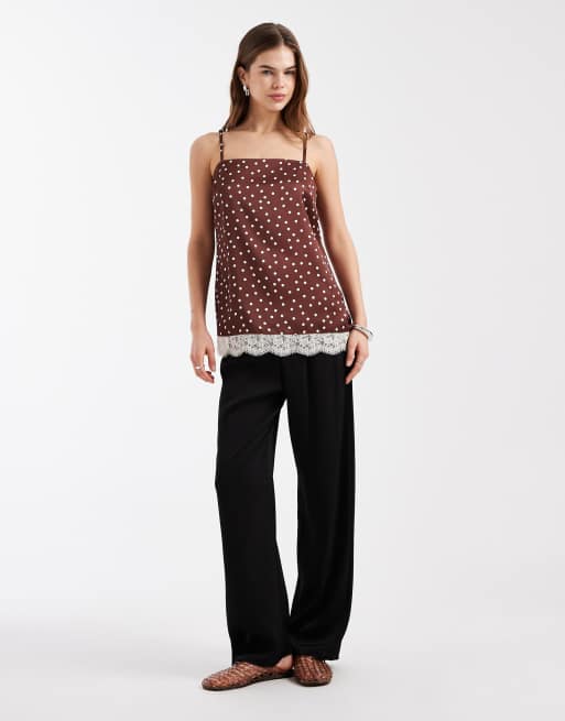 New Look - Canottiera con scollo quadrato in pizzo marrone a pois, 4 di 4