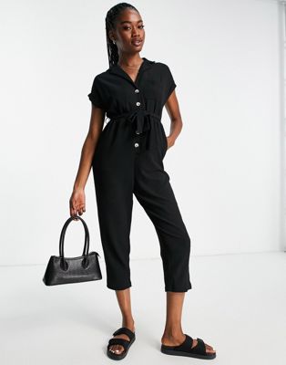 New Look cap sleeve button through jumpsuit in black