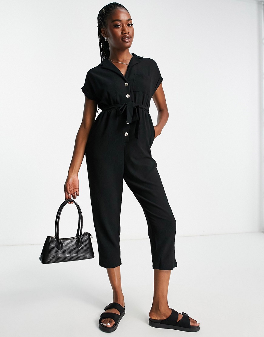 New Look cap sleeve button up jumpsuit in black-Green