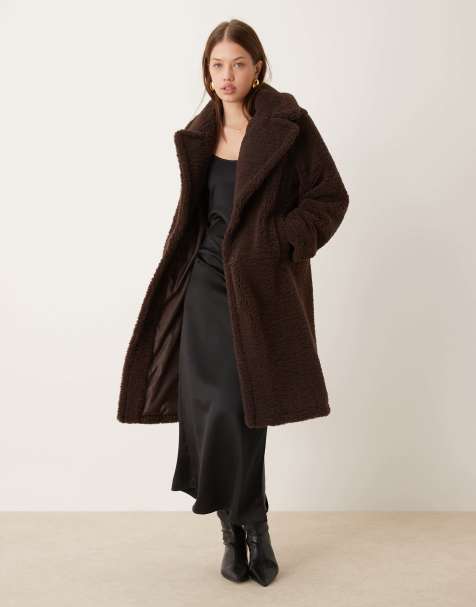 New Look - Cappotto taglio lungo color cioccolato in pile borg - view 1