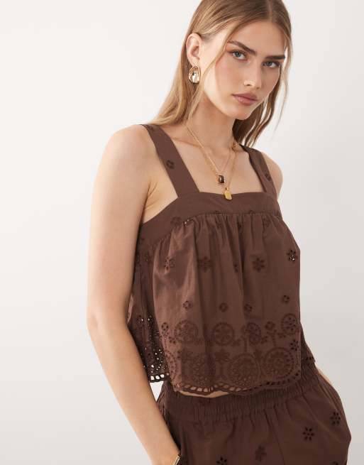 New Look - Caraco d'ensemble en broderie anglaise à bords festonnés - Marron, 3 de 4