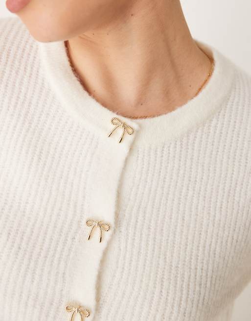 New Look - Cardigan color crema con bottoni a fiocco, 2 di 4