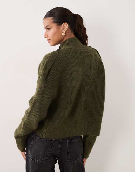 New Look cardigan con collo a imbuto in kaki scuro, 4 di 4