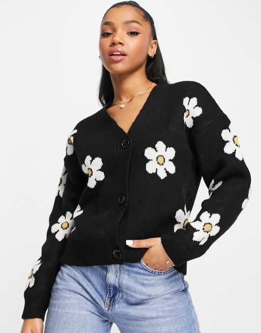 New Look - Cardigan i sort mønster med margueritter