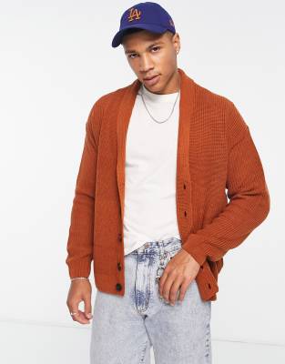 New Look - Cardigan in maglia a coste inglesi arancione bruciato con scollo sciallato