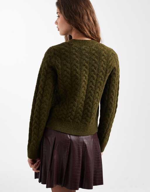 New Look - Cardigan in maglia a trecce kaki con fermacorda, 4 di 4