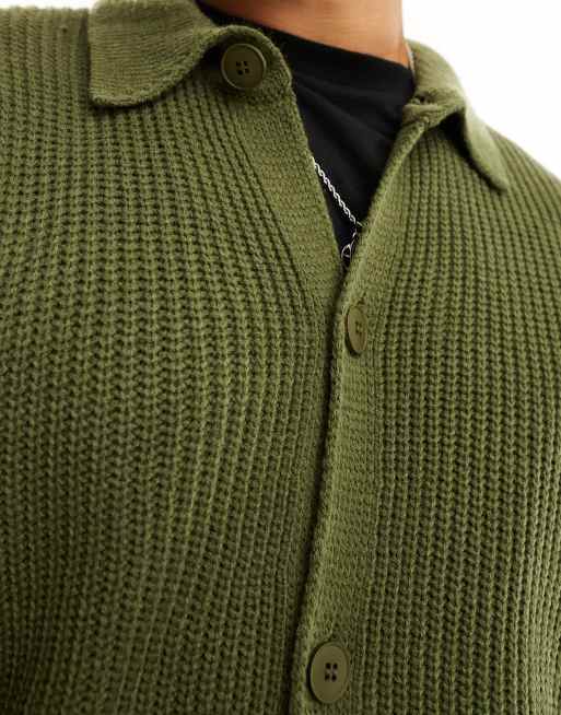 New Look - Cardigan kaki scuro lavorato a coste inglesi, 3 di 4