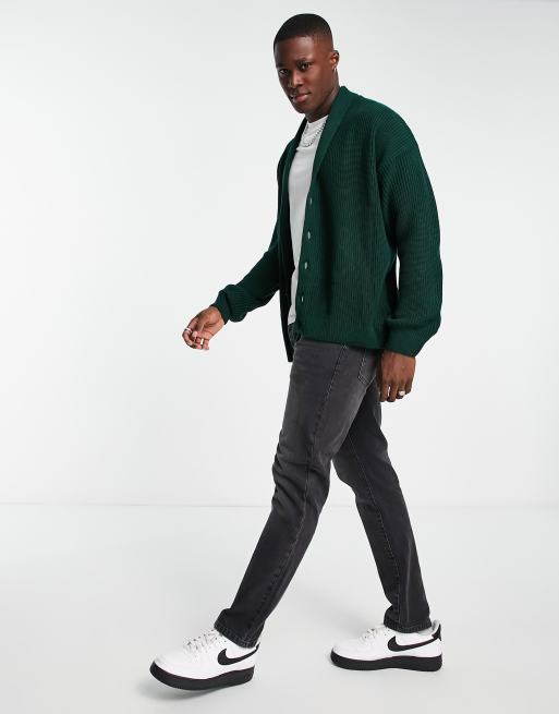 New Look - Cardigan verde scuro lavorato a coste inglesi con collo sciallato, 4 di 4