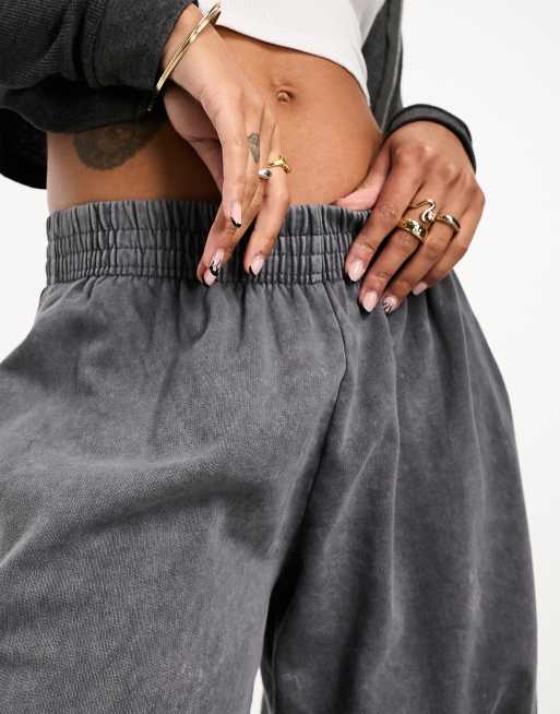 Petite Grey Acid Wash Cross Over Waistband Sweatpants