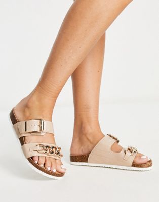 New Look chain detail double buckle sandals in oatmeal