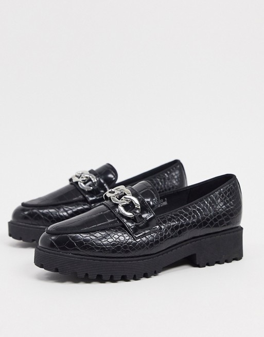 New Look chain detail faux croc loafers in black