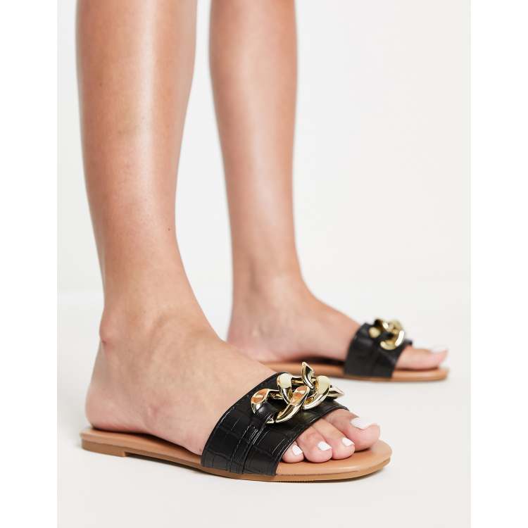 Black sandals with online gold chain