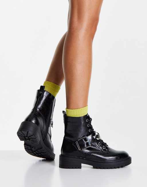 New Look flat high ankle lace-up boots in black