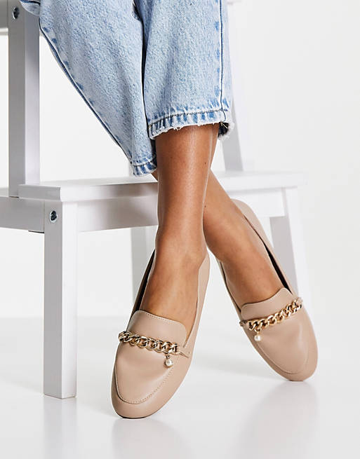 New Look chain pearl detail loafer in oatmeal