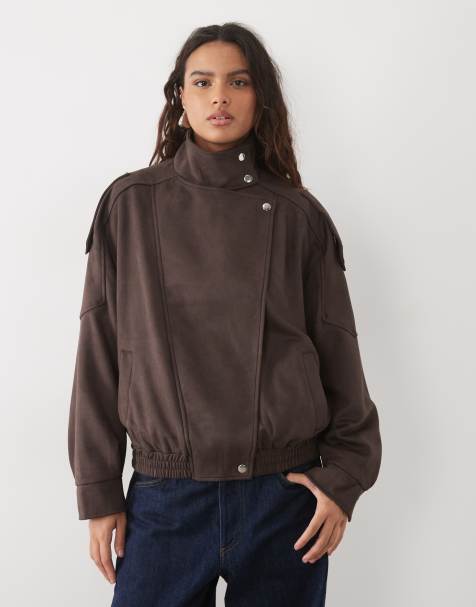 New Look chaqueta bomber de antelina sintética con cuello alzado en marrón oscuro - view 1