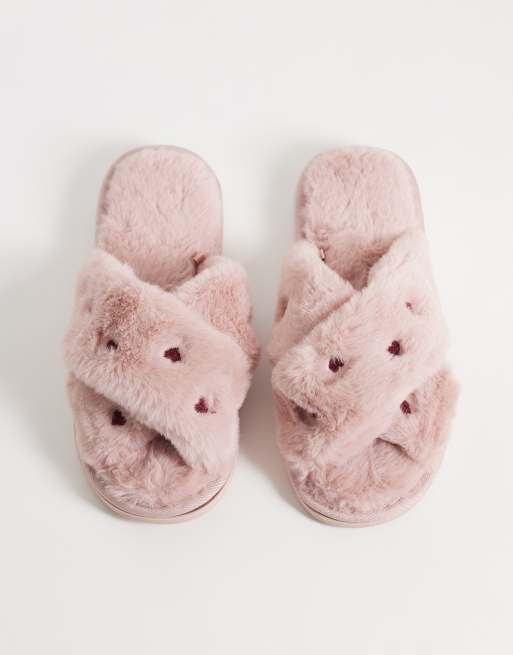New Look chaussons croisés à cœurs en faux-fur rose, 2 de 5
