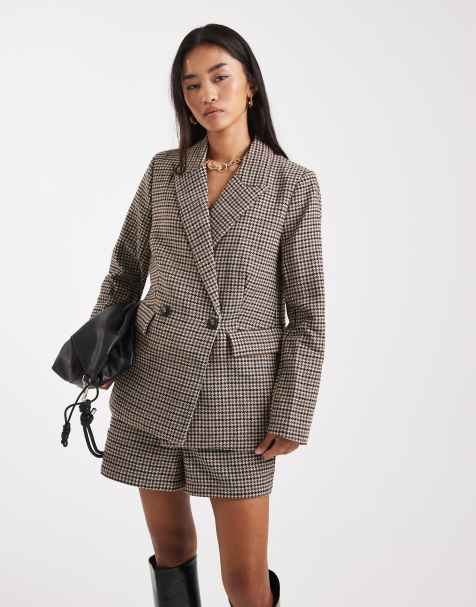 New Look check belted short & blazer co-ord in brown - view 1