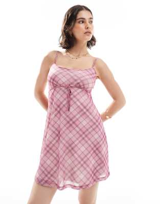 [New Look] New Look check bow trim mesh mini dress in pink 6 79-Pink Pattern