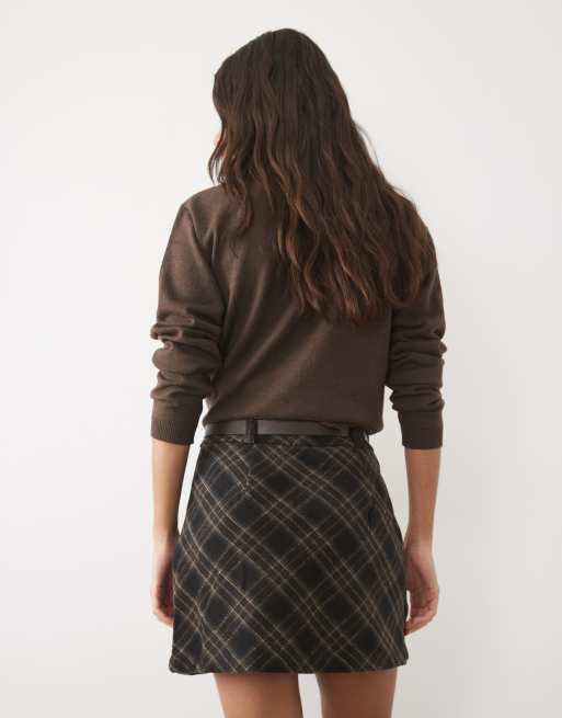 New Look check brush belted mini skirt in brown, 5 of 5