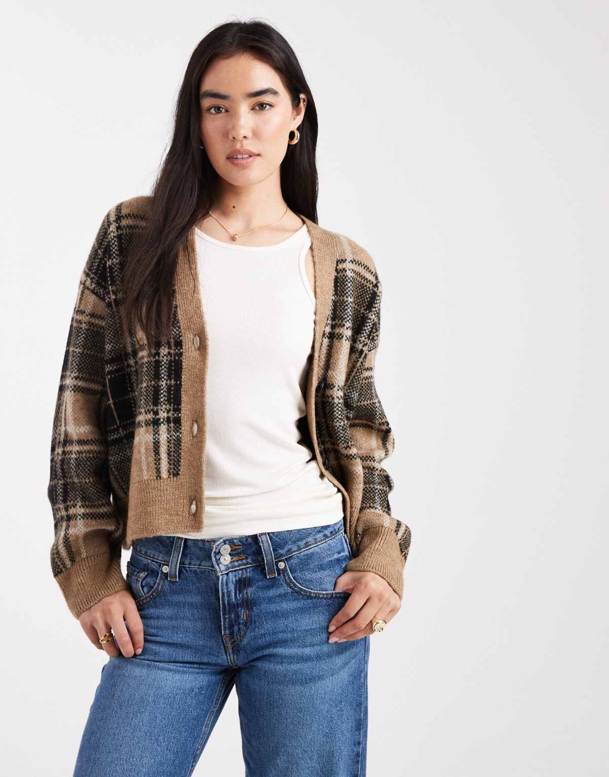 New Look check cardigan in brown